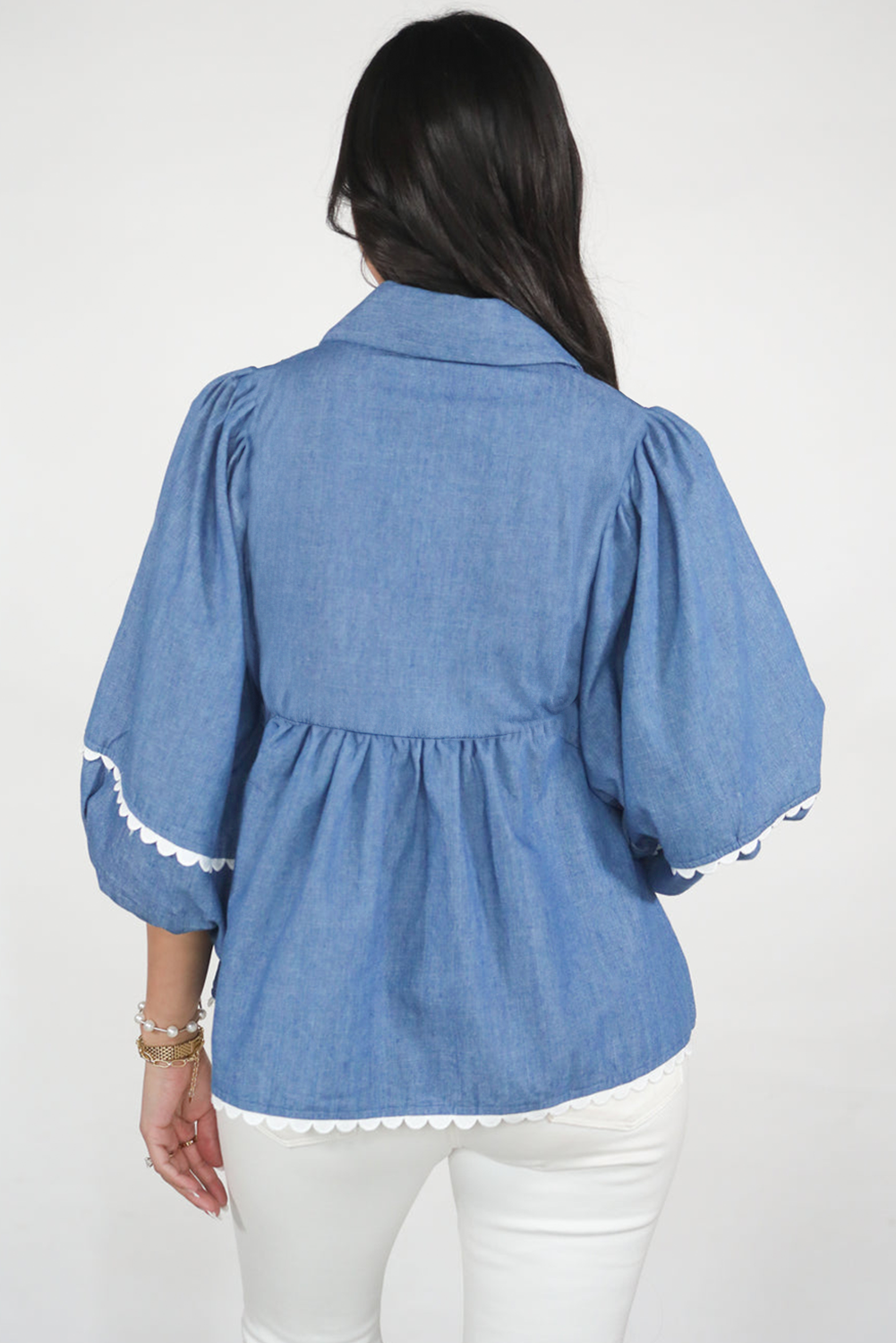Dusk Blue Lace Ric Rac 3/4 Puff Sleeve Collared Babydoll Blouse eAura