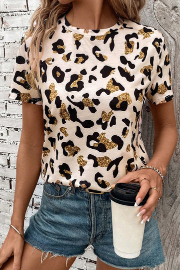 Apricot Leopard Print Round Neck Casual T Shirt eAura