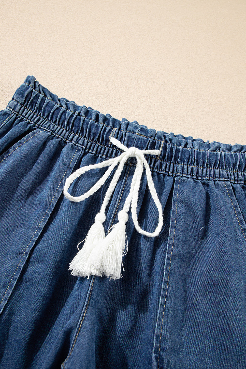 Ashleigh Blue Raw Hem Drawstring High Waist Denim Shorts with Pockets eAura