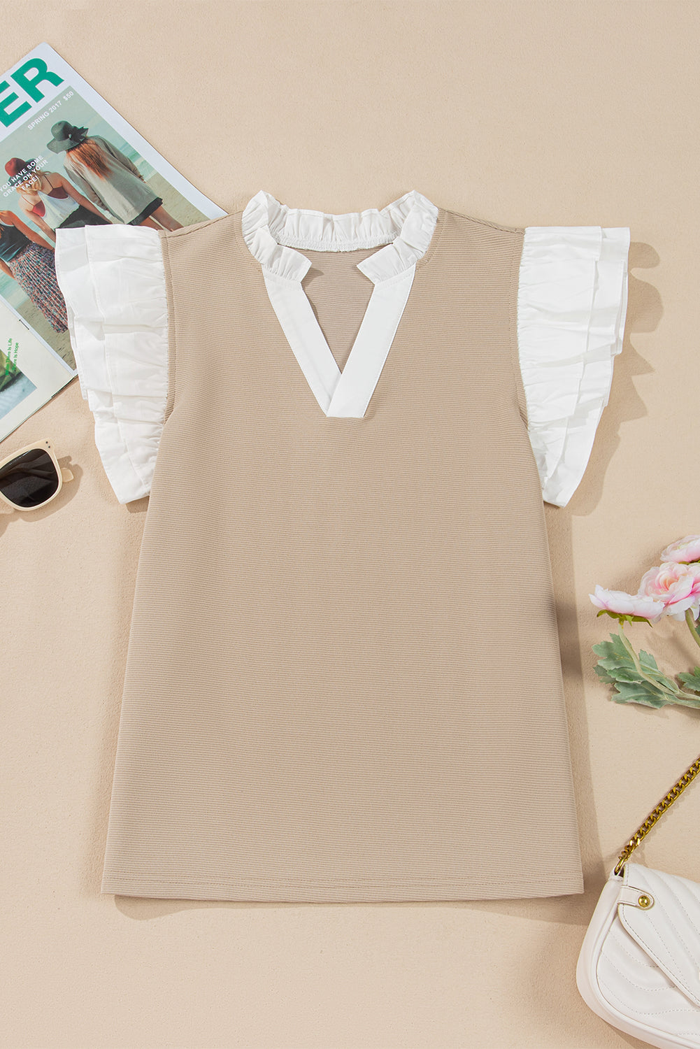 Pale Khaki Contrast V Neck Ruffled Textured Knit Top eAura