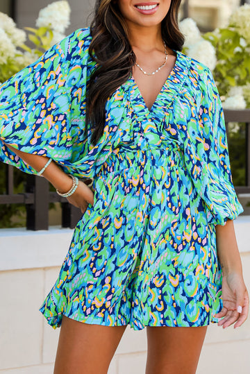 Green Abstract Print Puff Sleeve V Neck High Waist Romper eAura