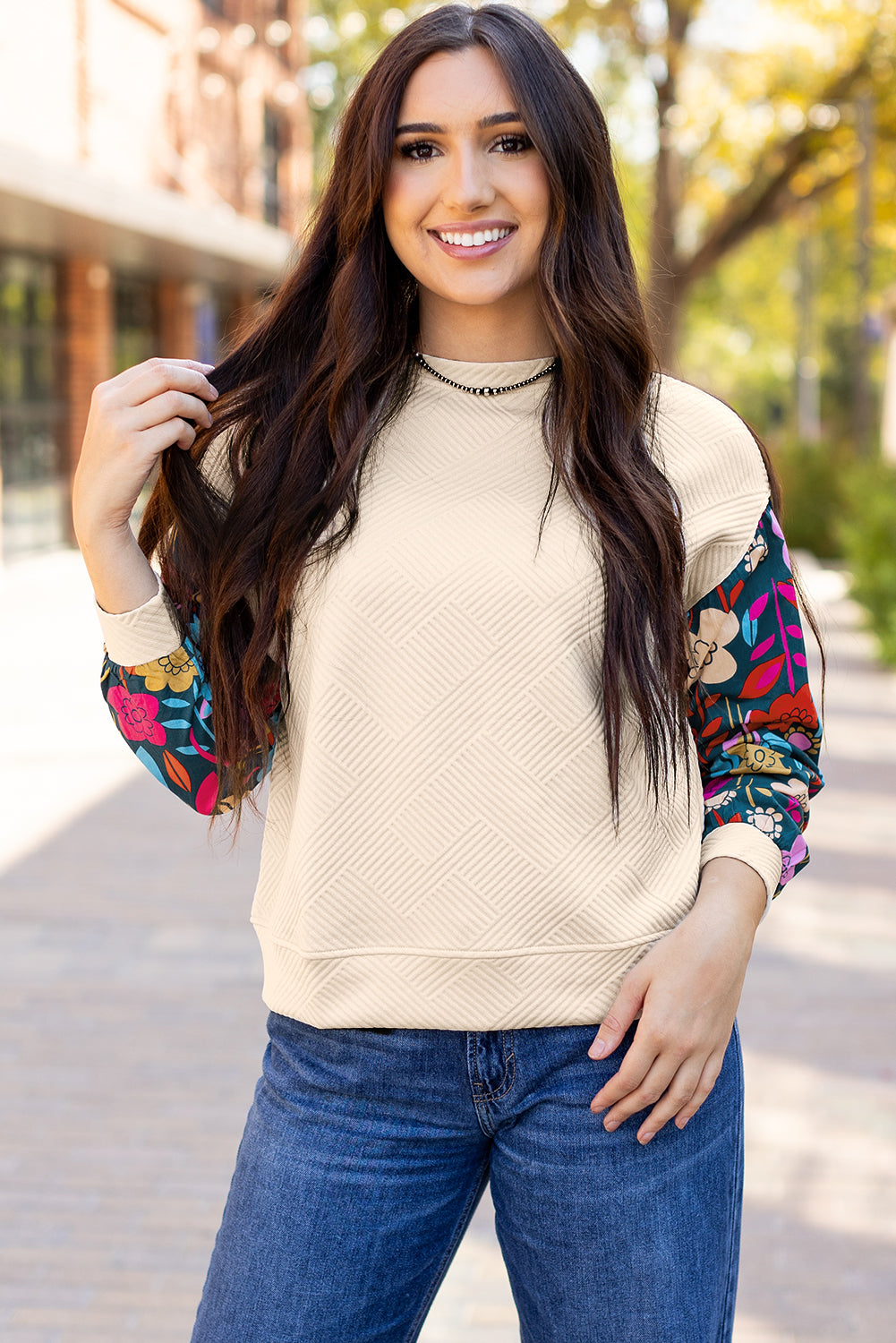 White Contrast Floral Sleeve Textured Drop Shoulder Knit Top eAura