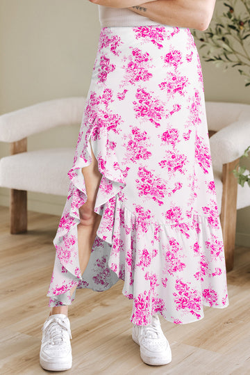 Rose Boho Floral High Waist Ruffle Split Maxi Skirt eAura