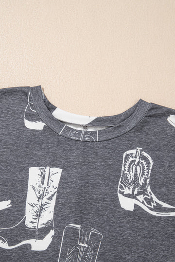 Grey Plus Size Western Boots Print Crew Neck T Shirt BB Fashion Outlet