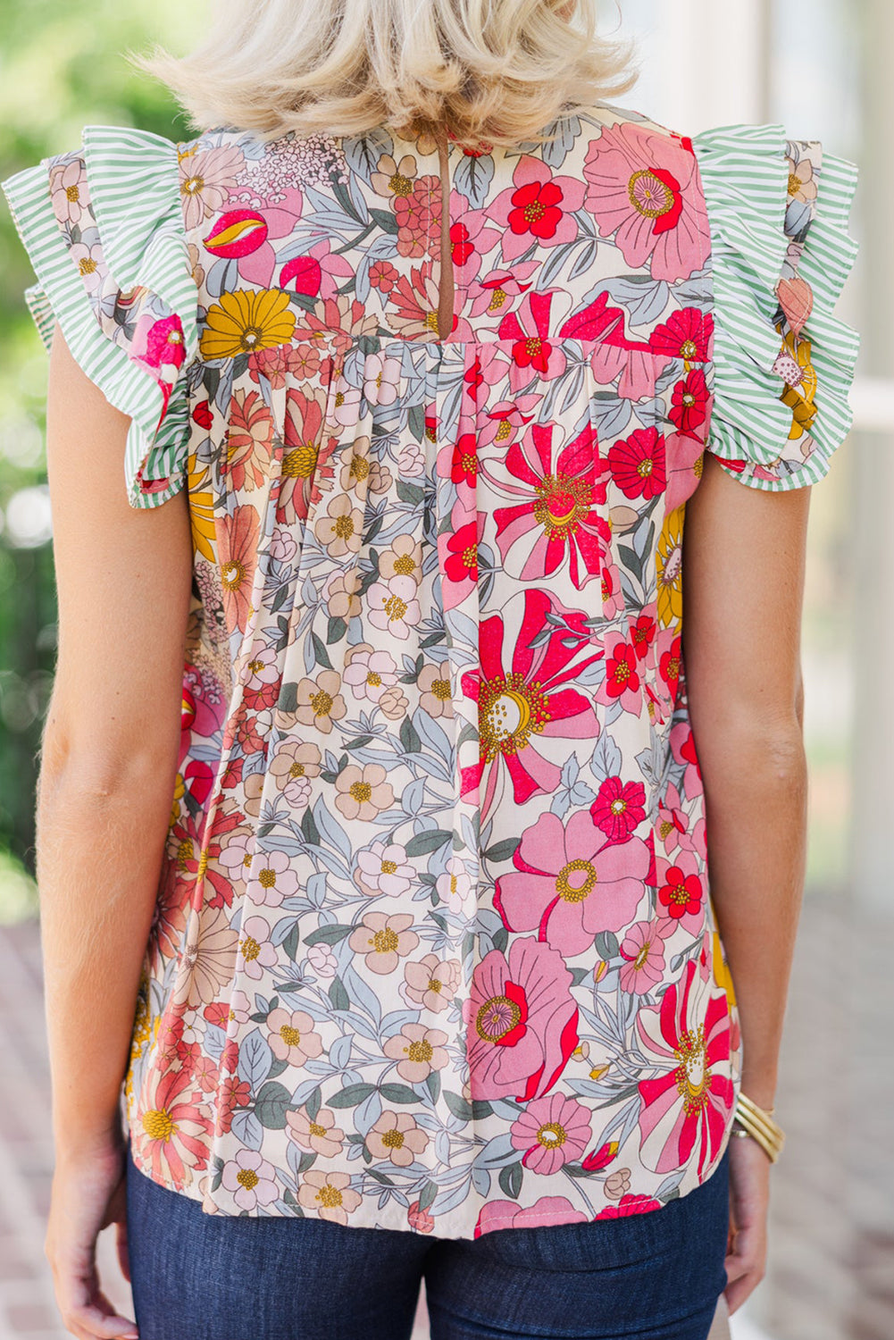 Pink Floral Print Contrast Ruffle Trim Short Sleeve Blouse eAura
