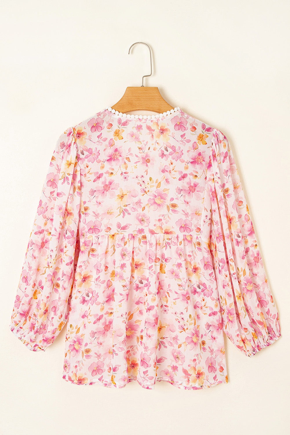Pink Floral Print Tassel Tie Smocked V Neck Puff Sleeve Tunic Blouse eAura