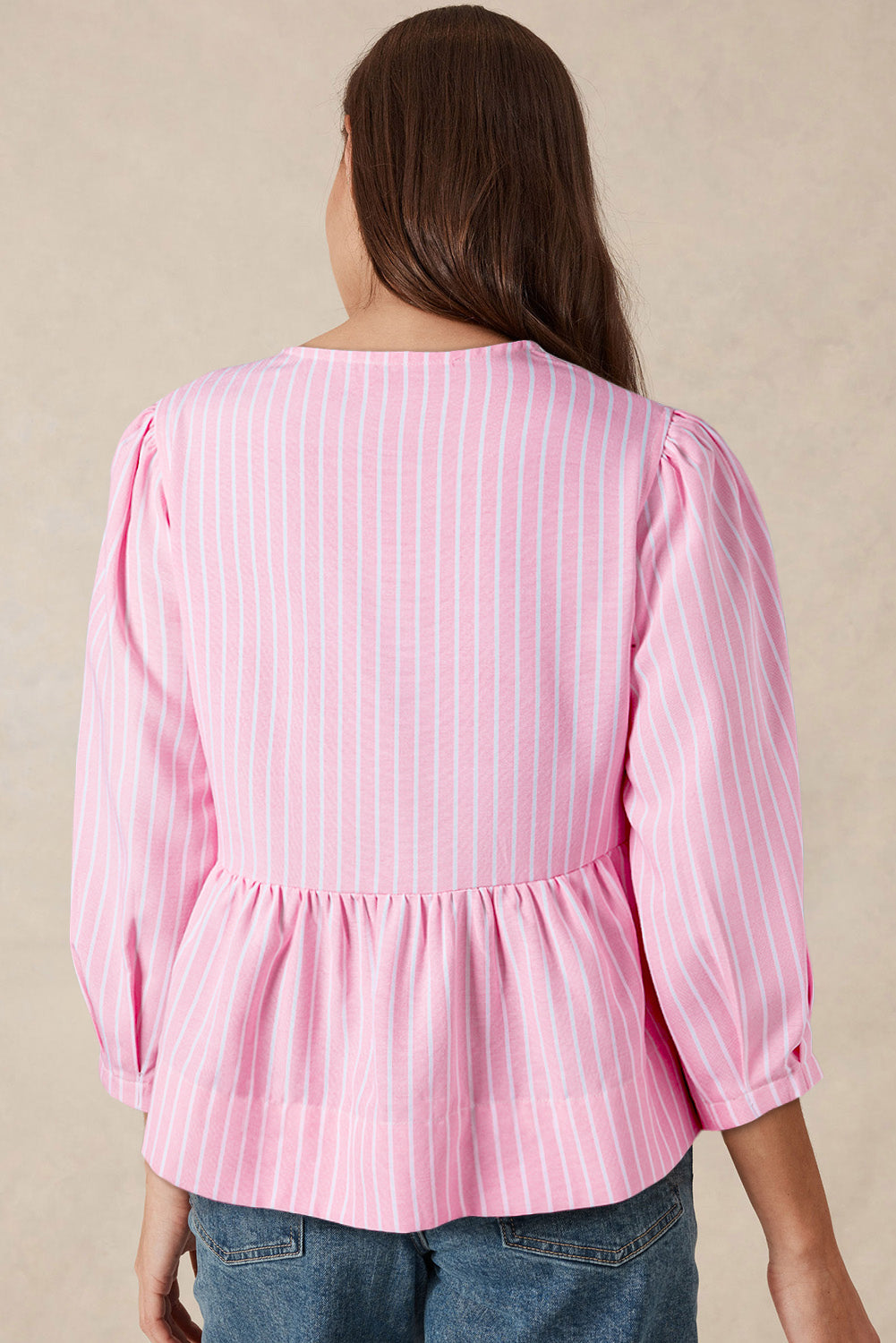 Pink Stripe Bowknot Front Crew Neck Puff Sleeve Blouse eAura