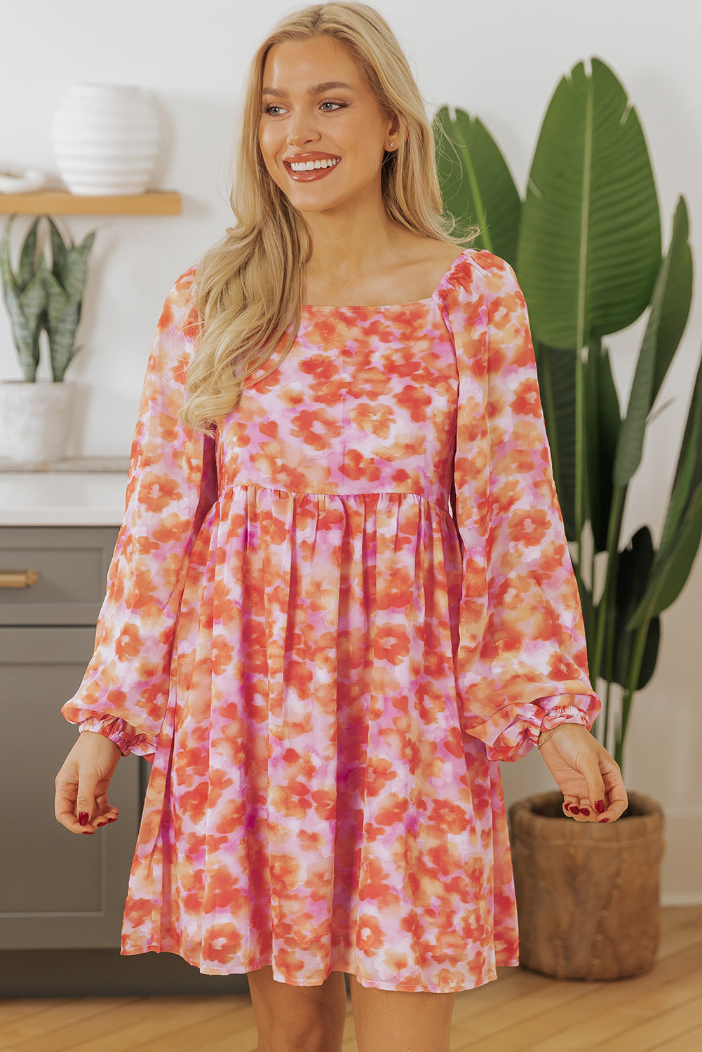 Rose Floral Print Square Neck High Waist Mini Dress eAura