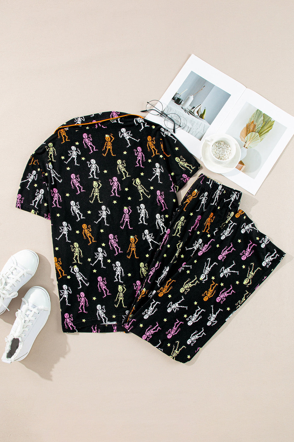 Black Halloween Pattern Short Sleeve Shirt Pyjama Set eAura