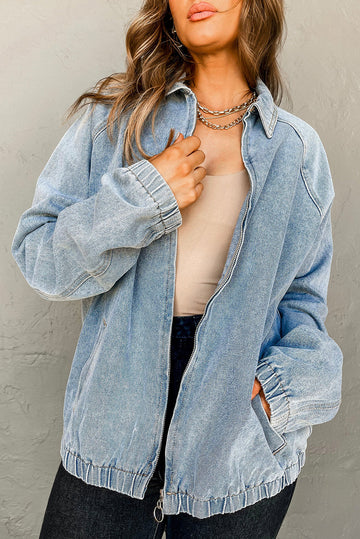 Blue Elastic Edge Collared Zip Up Denim Jacket With Pocket eAura
