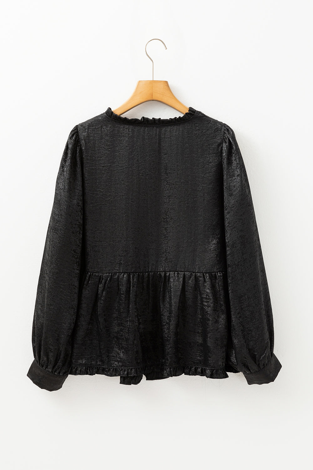 Black Metallic Frilled V Neck Puff Sleeve Babydoll Blouse eAura