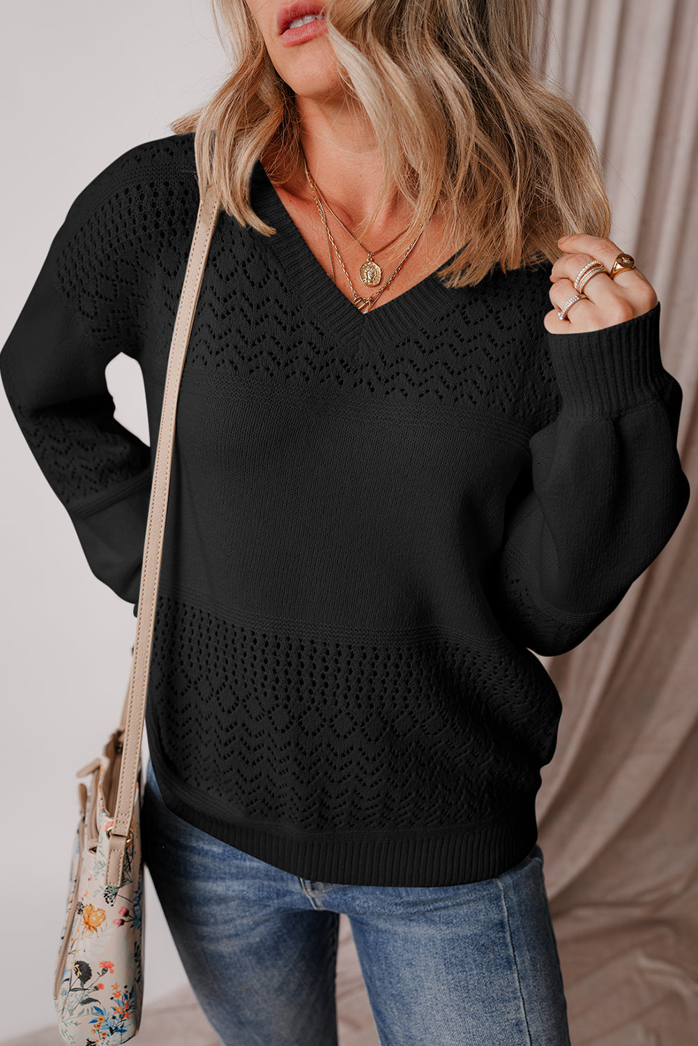 Black Eyelet Pattern Detail V Neck Drop Shoulder Sweater eAura