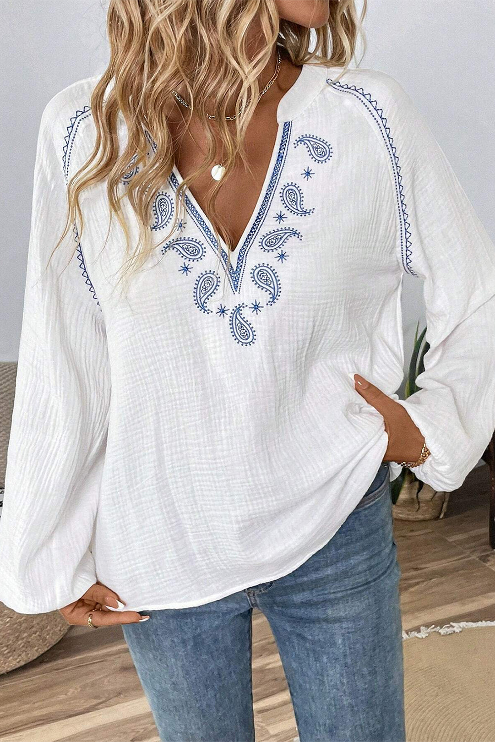 White Paisley Embroidered Textured Split Neck Long Puff Sleeve Blouse eAura