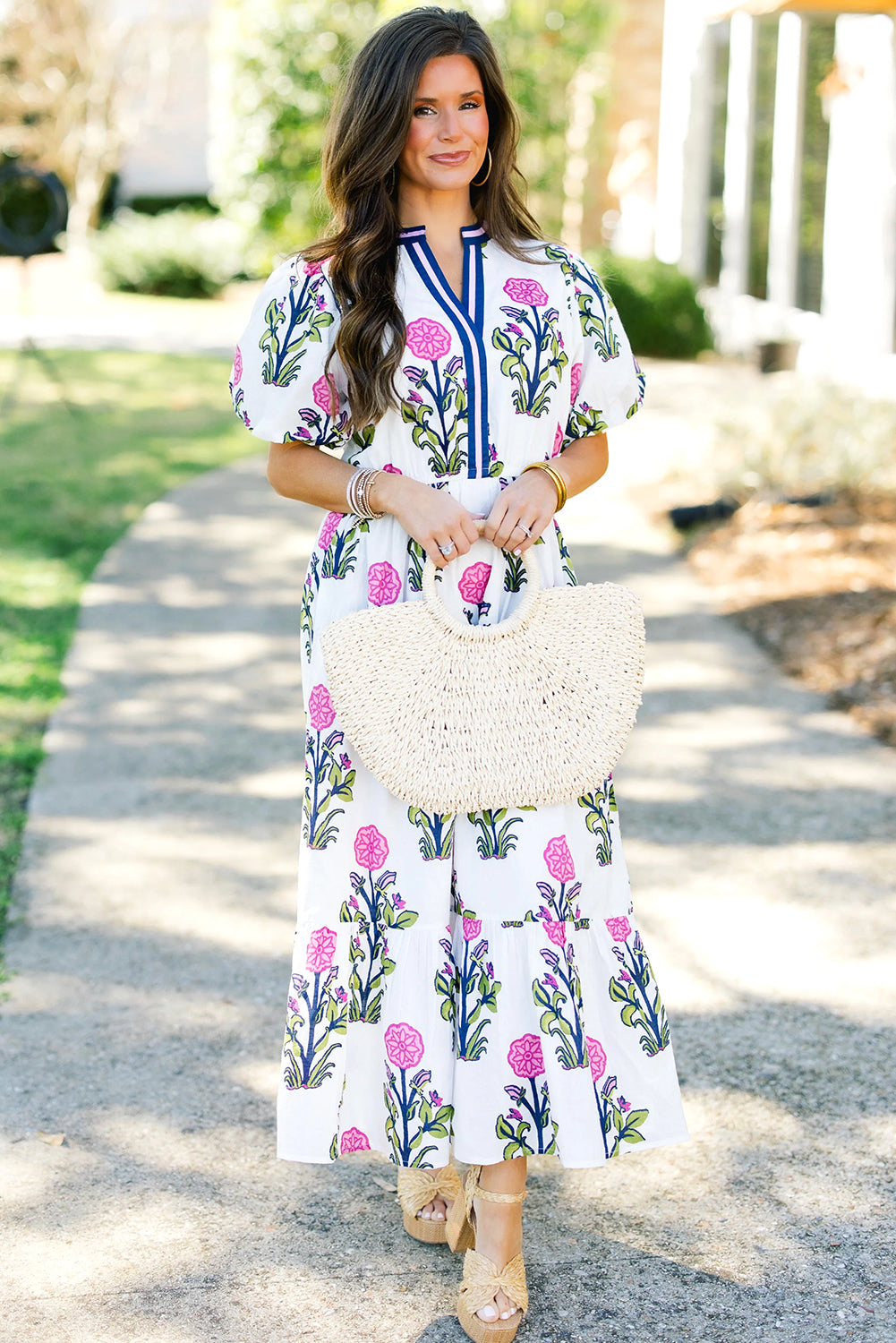Floral Puff Short Sleeve V Neck High Waist Maxi Dress eAura