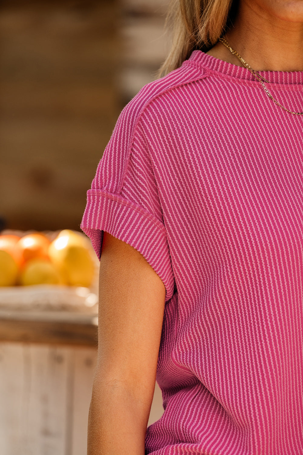 Textured Knit Exposed Stitching T-shirt eAura