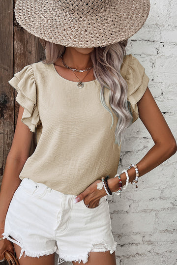 Beige Solid Colour Ruffled Short Sleeve Casual Blouse eAura