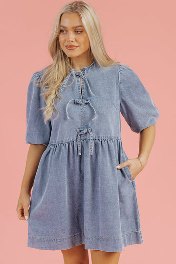 Dusk Blue Bowknot Bubble Sleeve Short Denim Dress eAura