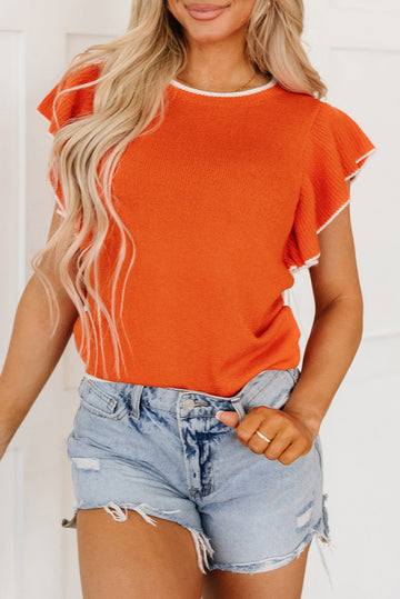 Russet Orange Contrast Trim Ruffle Sleeve Knitted Top eAura