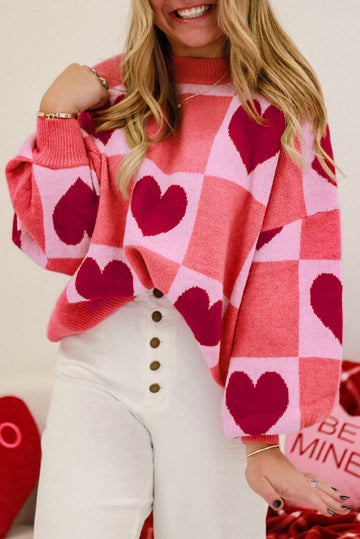 Pink Plus Size Love Heart Block Mock Neck Lantern Sleeve Valentine Sweater BB Fashion Outlet