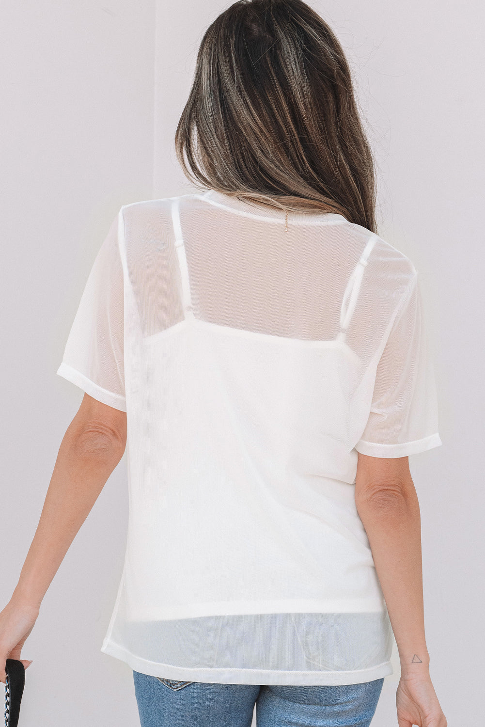 White Solid Colour Sheer Mesh Patchwork Short Sleeve Top eAura