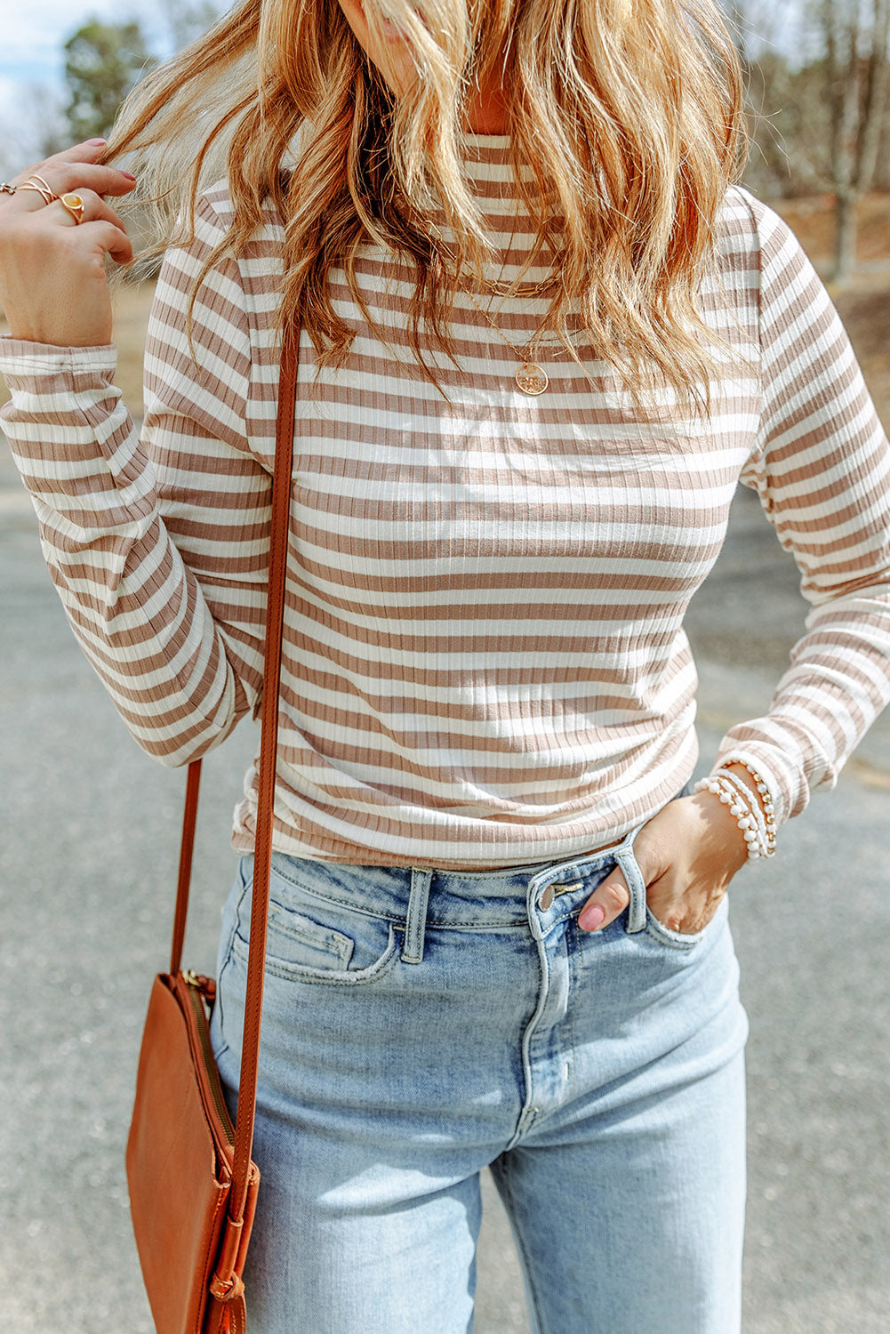 Black Striped Print Textured Knit Long Sleeve Tee eAura