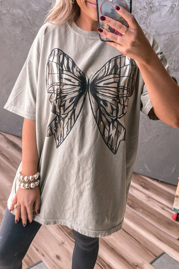 Casual Oversize Big Bow Printed Drop Shoulder Tunic Casual Tee eAura
