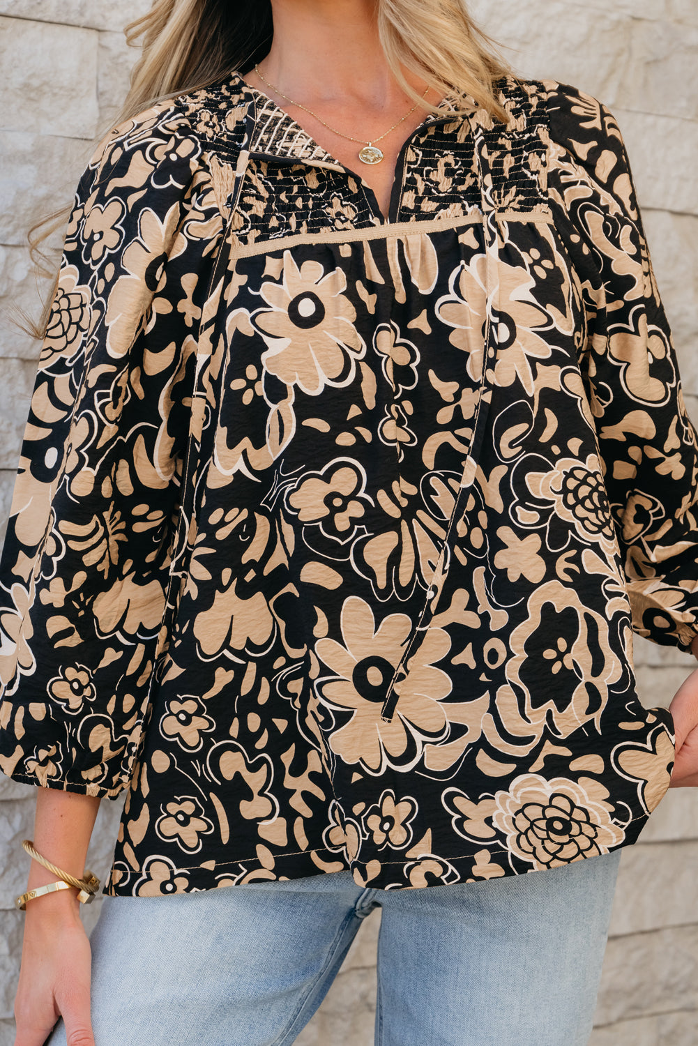 Black Floral Shirred Yoke Bracelet Sleeve Split Neck Boho Blouse eAura