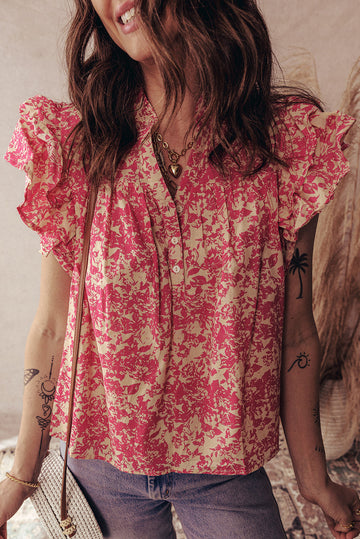 Rose Allover Print Half Button Neck Ruffle Sleeve Blouse eAura