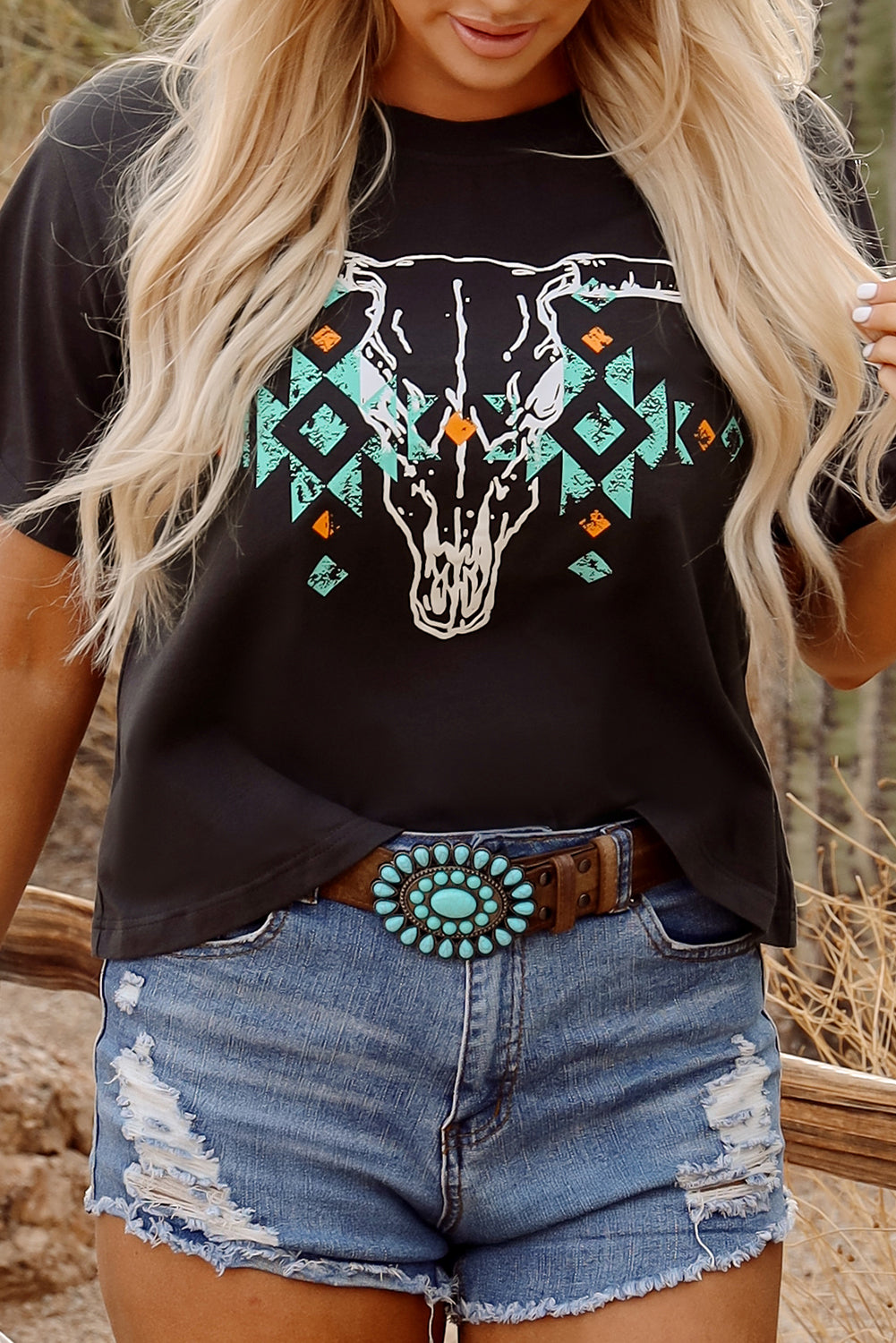 Carbon Grey Vintage Western Bull Head Skull Turquoise Aztec Graphic T Shirt eAura