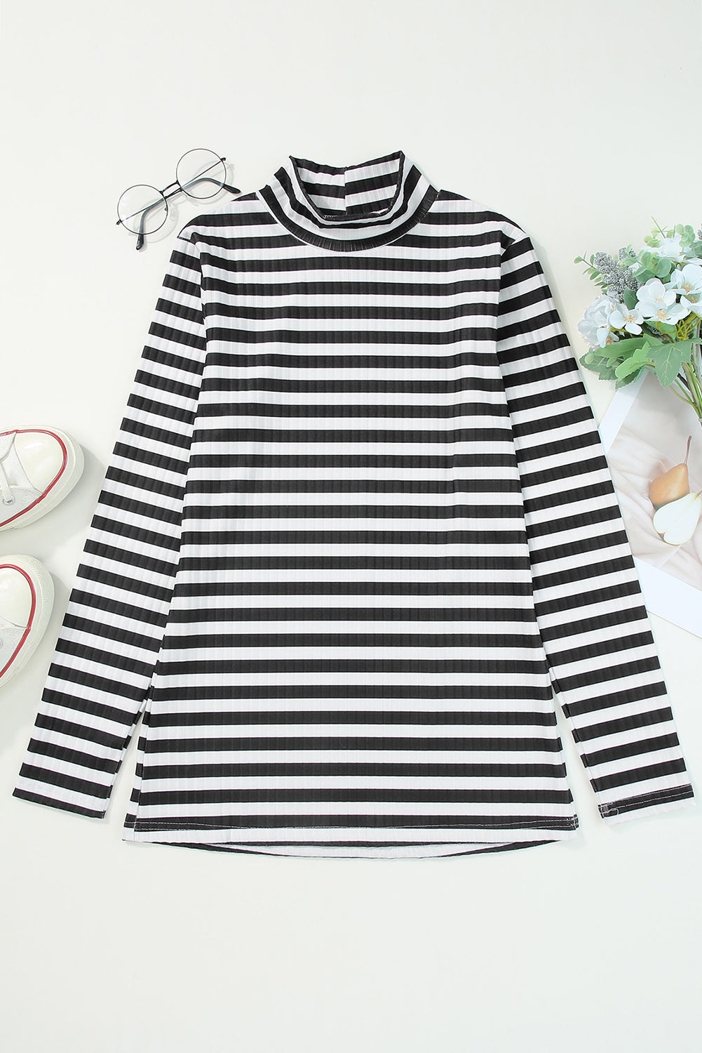 Black Striped Print Textured Knit Long Sleeve Tee eAura