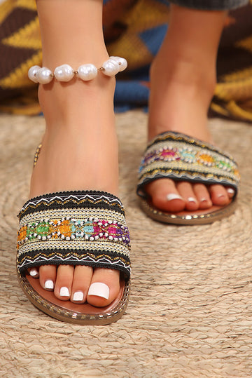 Chestnut Bohemian Pattern Crochet Faux Leather Beach Sandals BB Fashion Outlet