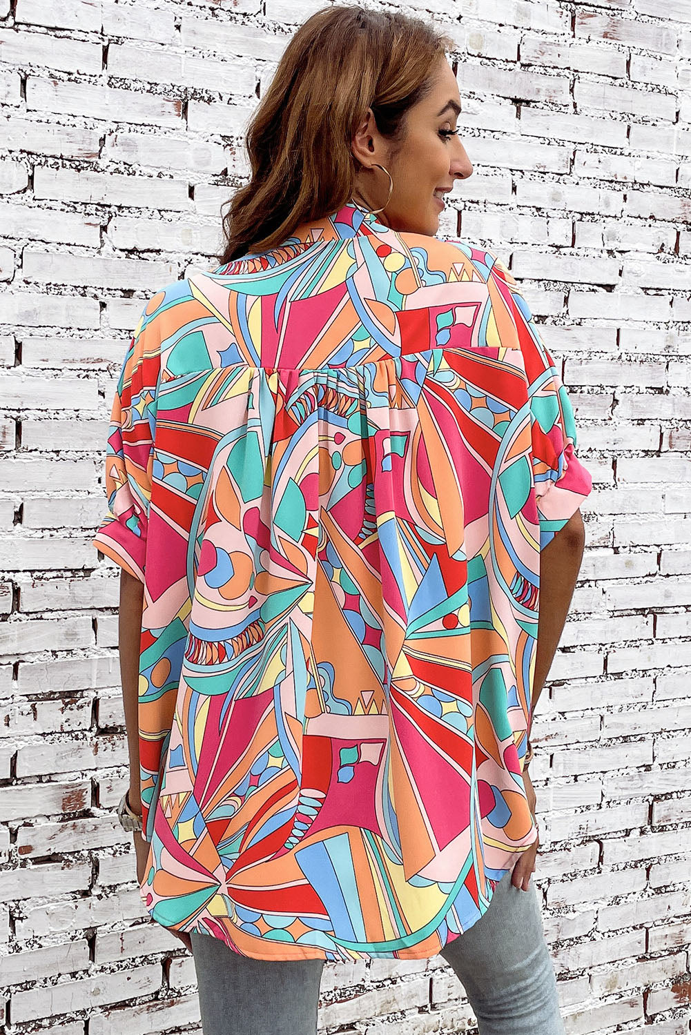MultiColour Abstract Geometry Print Half Puff Sleeve Loose Shirt eAura