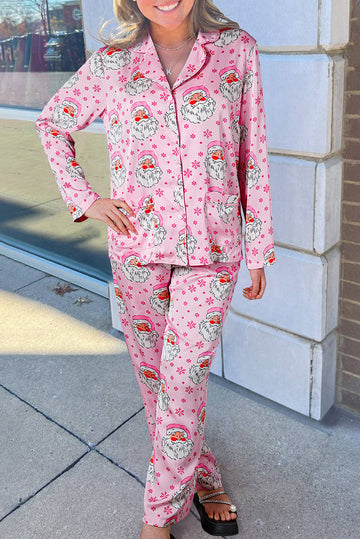 Pink Santa Claus Snowflake Long-Sleeve Shirt Christmas Pyjama Set eAura