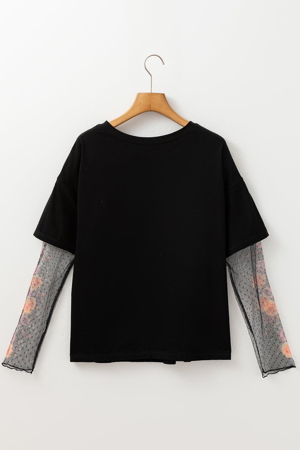 Black Faux Two Piece Floral Long Sleeve Patchwork Tee eAura