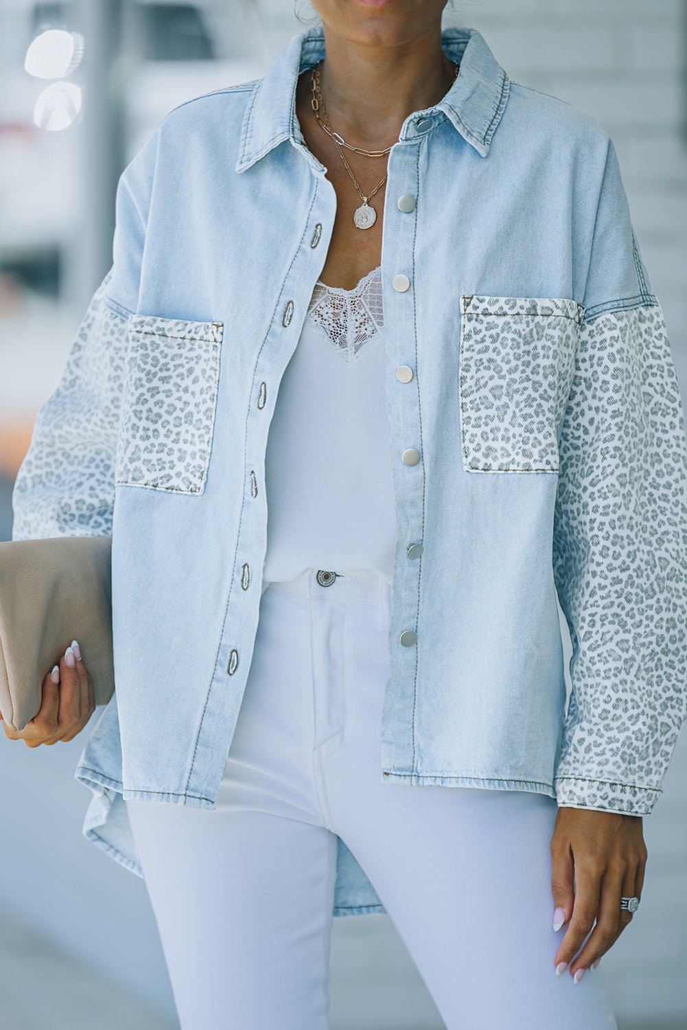White Contrast Leopard Denim Jacket eAura