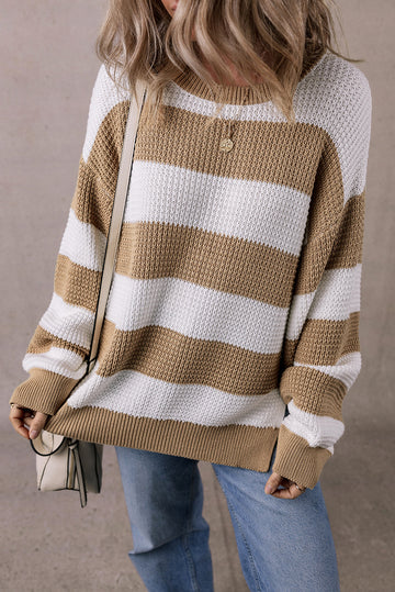 Light French Beige Colourblock Striped Drop Shoulder Side Slit Sweater eAura