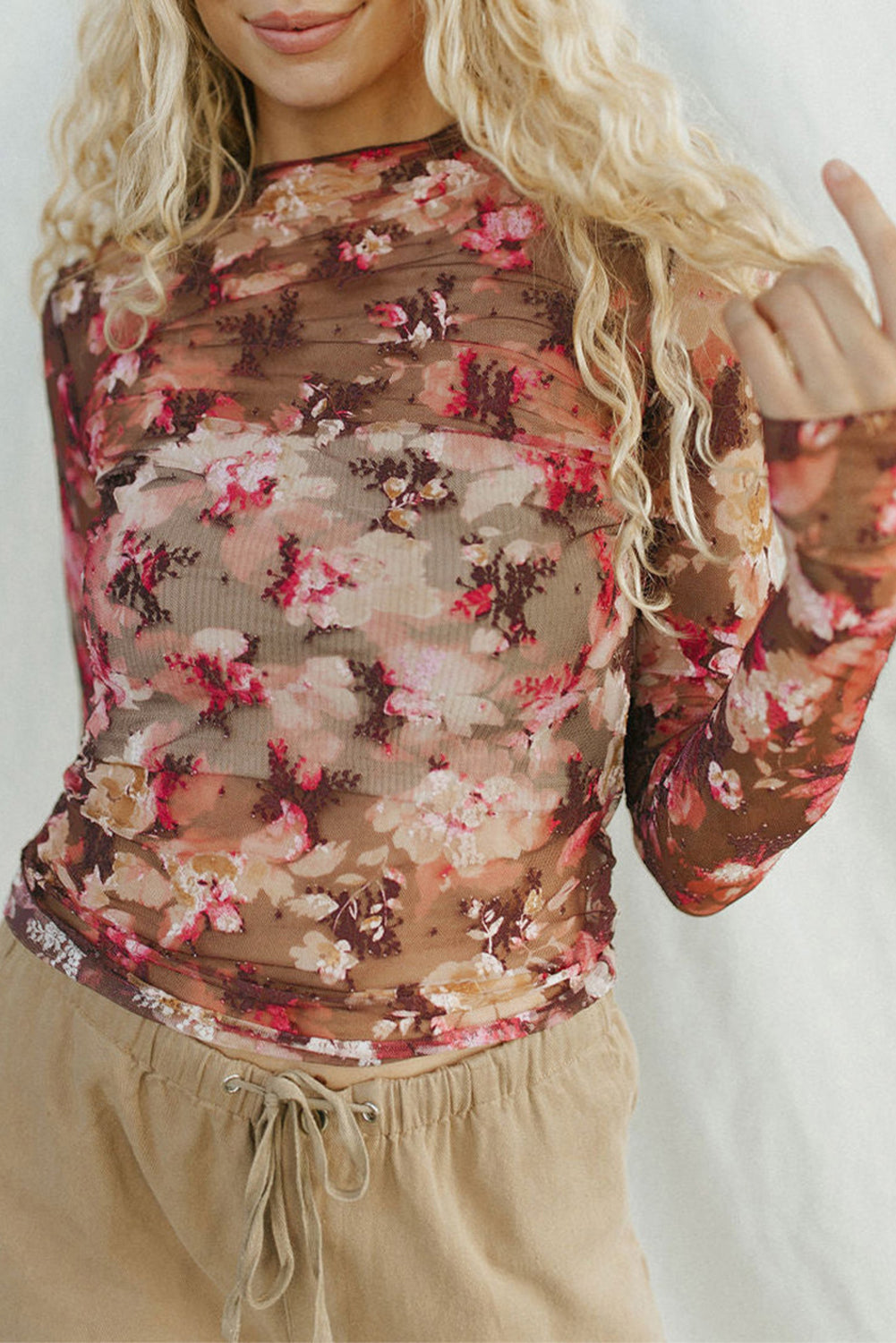 Red Floral Print Sheer Mesh Long Sleeve Top eAura