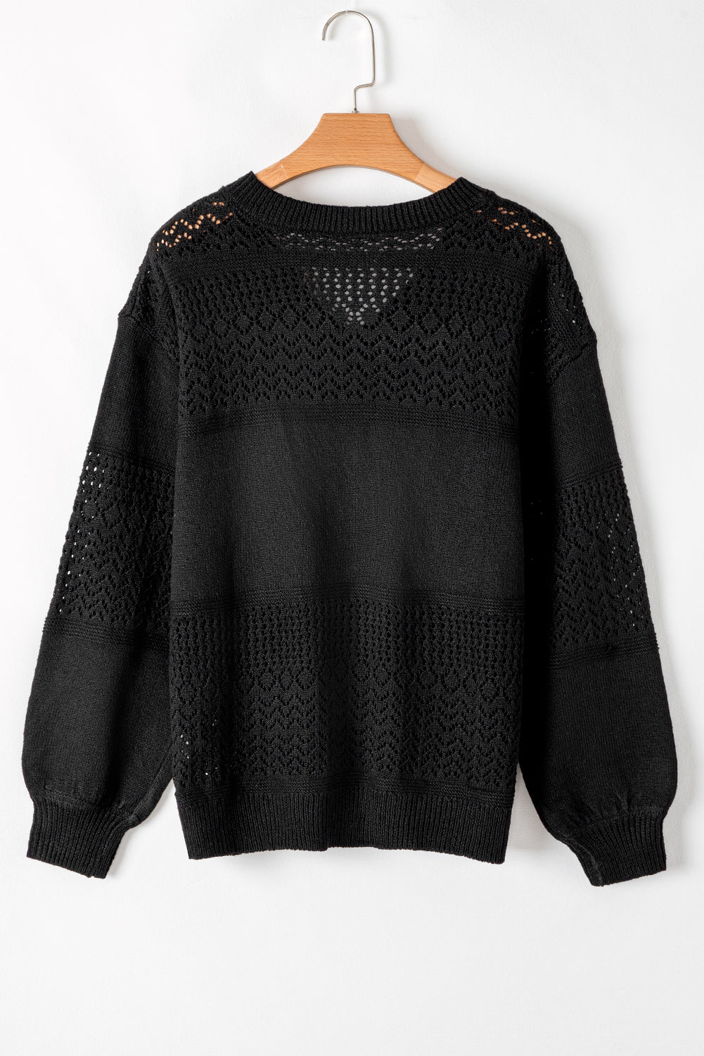 Black Eyelet Pattern Detail V Neck Drop Shoulder Sweater eAura
