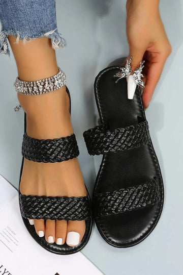 Black Braided Double Band Leathered Flat Sandals Beagle Boutique Fashion Outlet