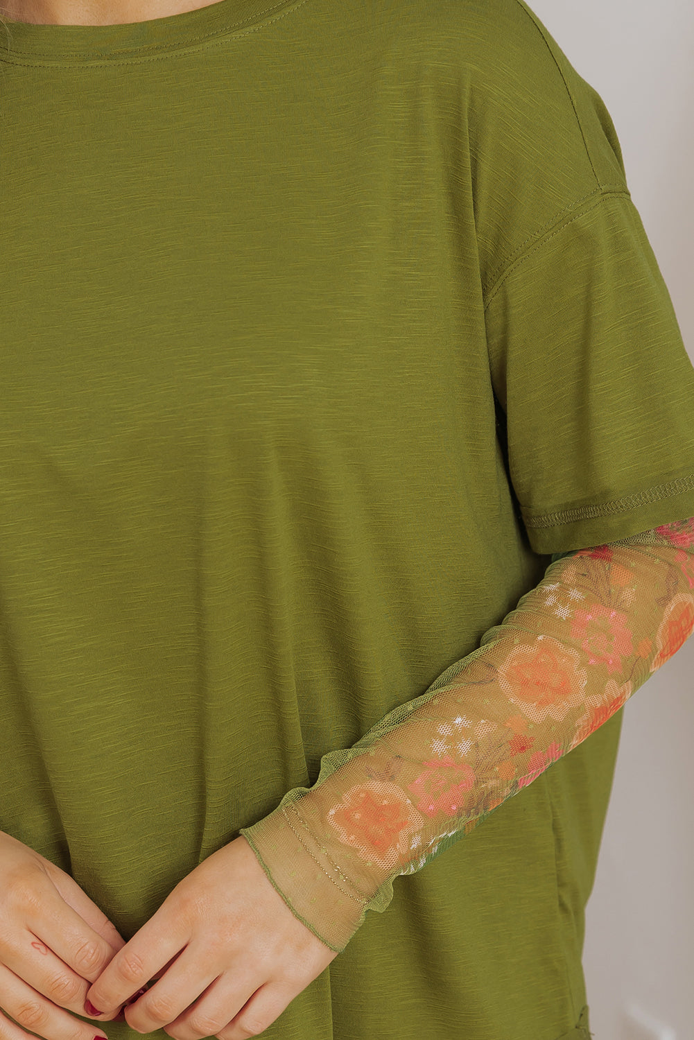Fern Green Faux Two Piece Floral Long Sleeve Patchwork Tee eAura