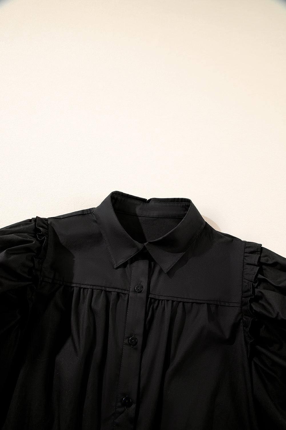 Black Ruffled Puff Sleeve Stylish Collared Shirt eAura