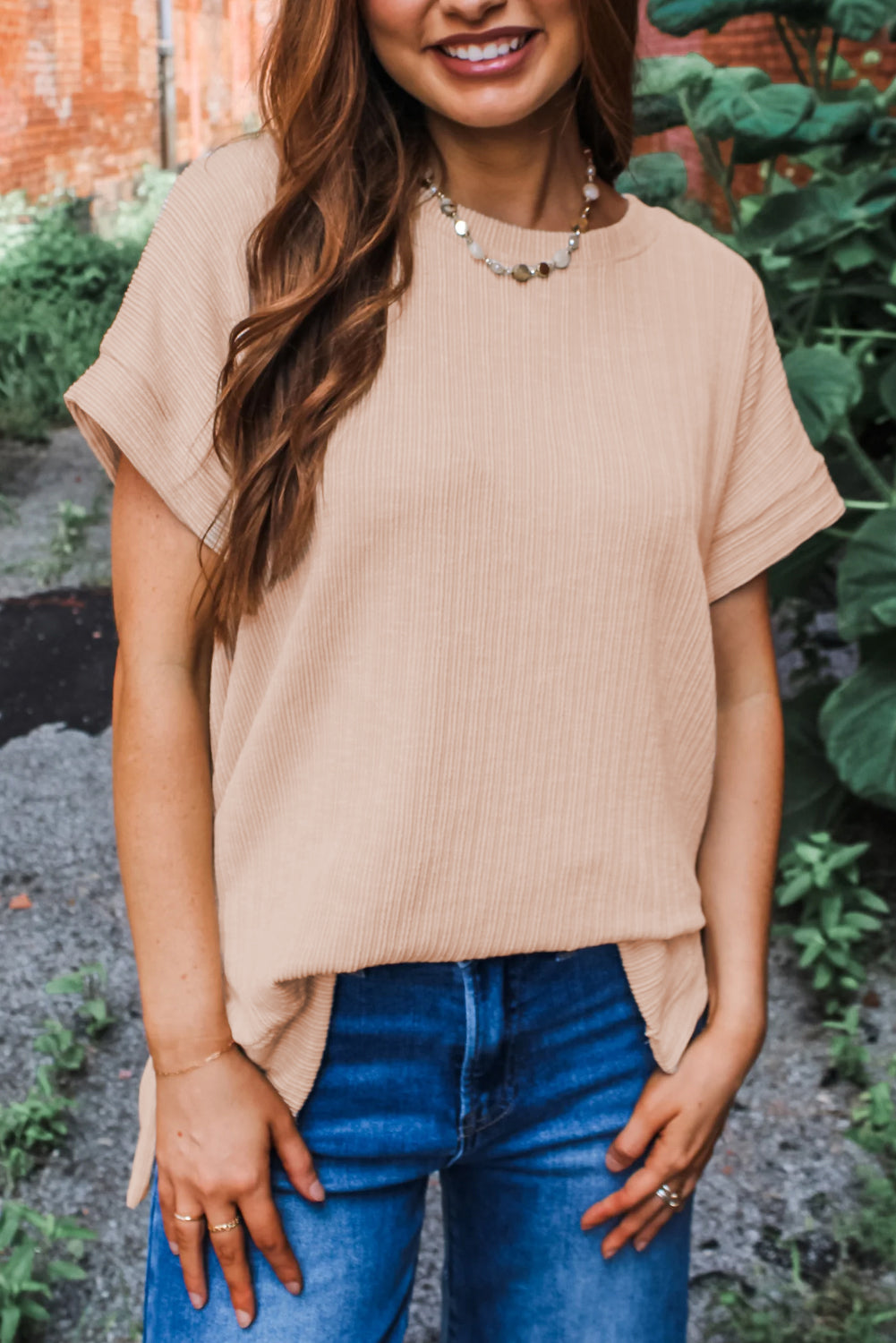 Jet Stream Textured Round Neck Short Sleeve Top eAura