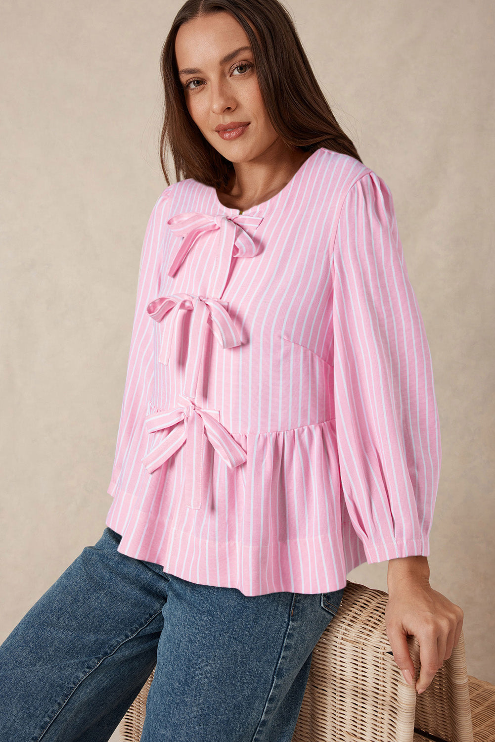 Pink Stripe Bowknot Front Crew Neck Puff Sleeve Blouse eAura