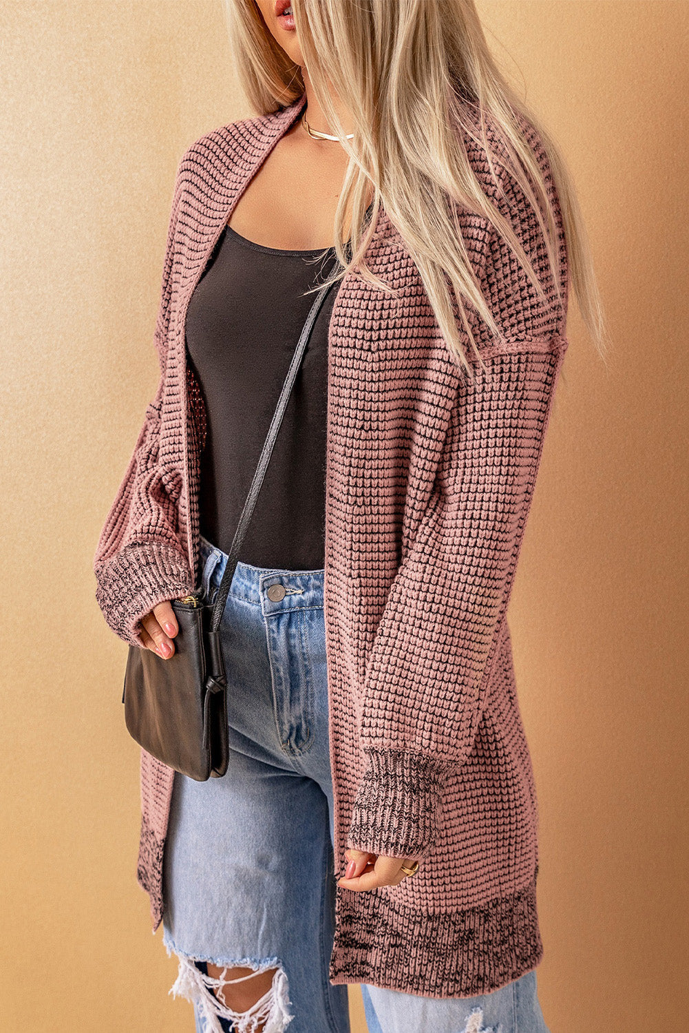 Apricot Plaid Knitted Long Open Front Cardigan eAura