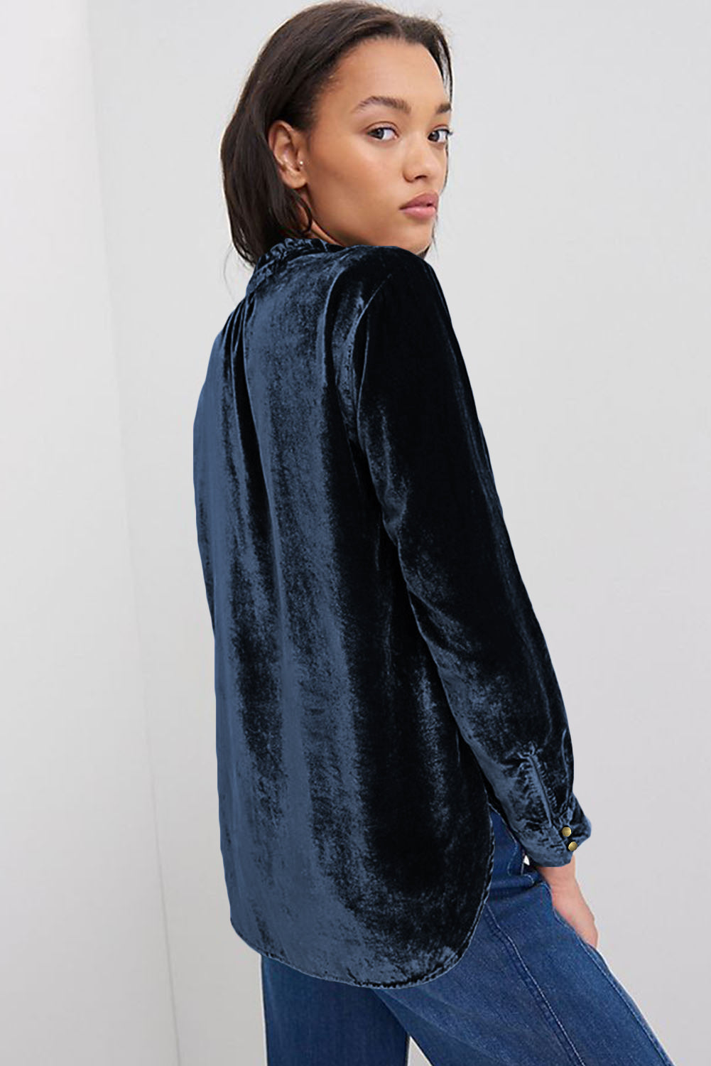 Burgundy Frilled Neck Buttoned Front Velvet Top eAura