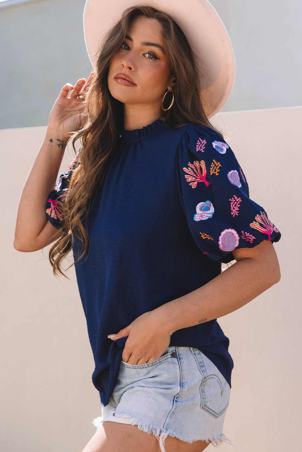 Sail Blue Shellfish Coral Embroidery Puff Sleeve Frilled Neck Blouse eAura