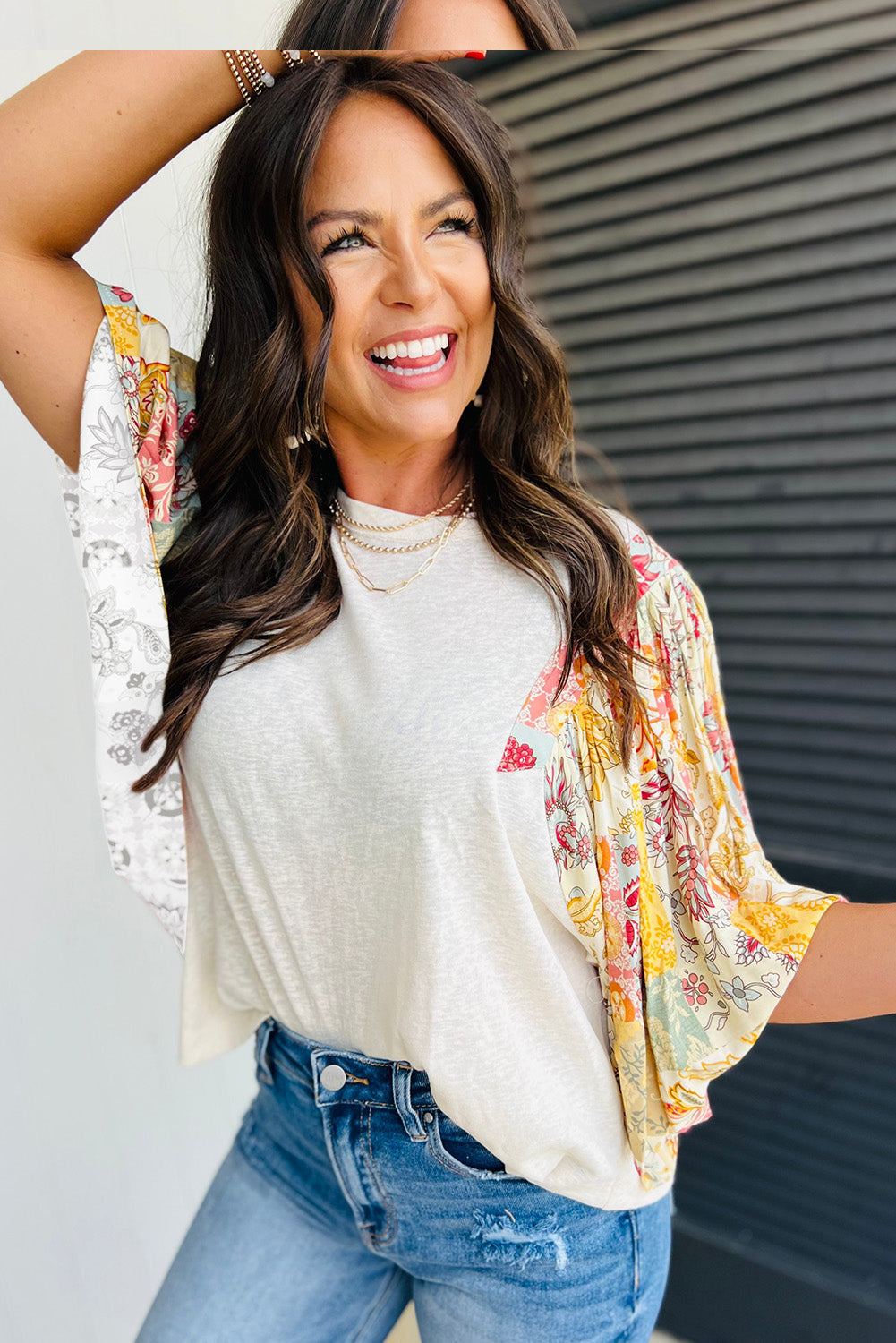 Beige Floral Patchwork Half Batwing Sleeve Blouse eAura
