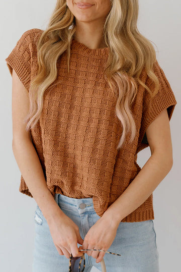 Camel Round Neck Textured Knit Sweater Vest eAura