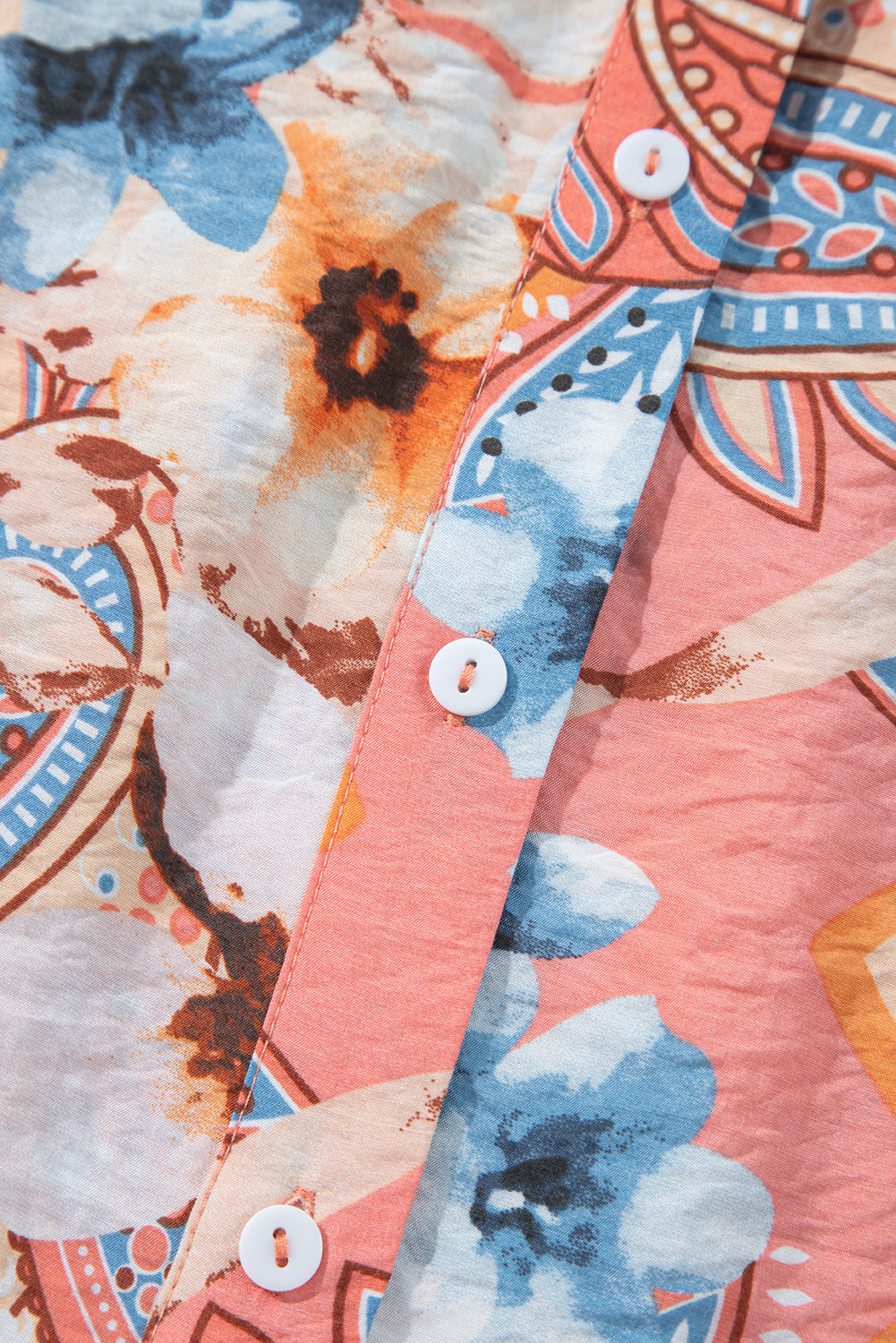 Orange Floral Print Shirred Cuff Buttoned Loose Shirt eAura