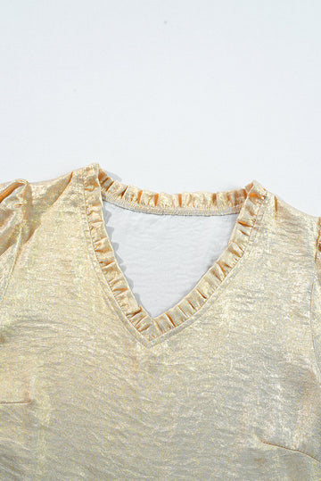 Gold Metallic Frilled V Neck Puff Sleeve Babydoll Blouse Beagle Boutique Fashion Outlet
